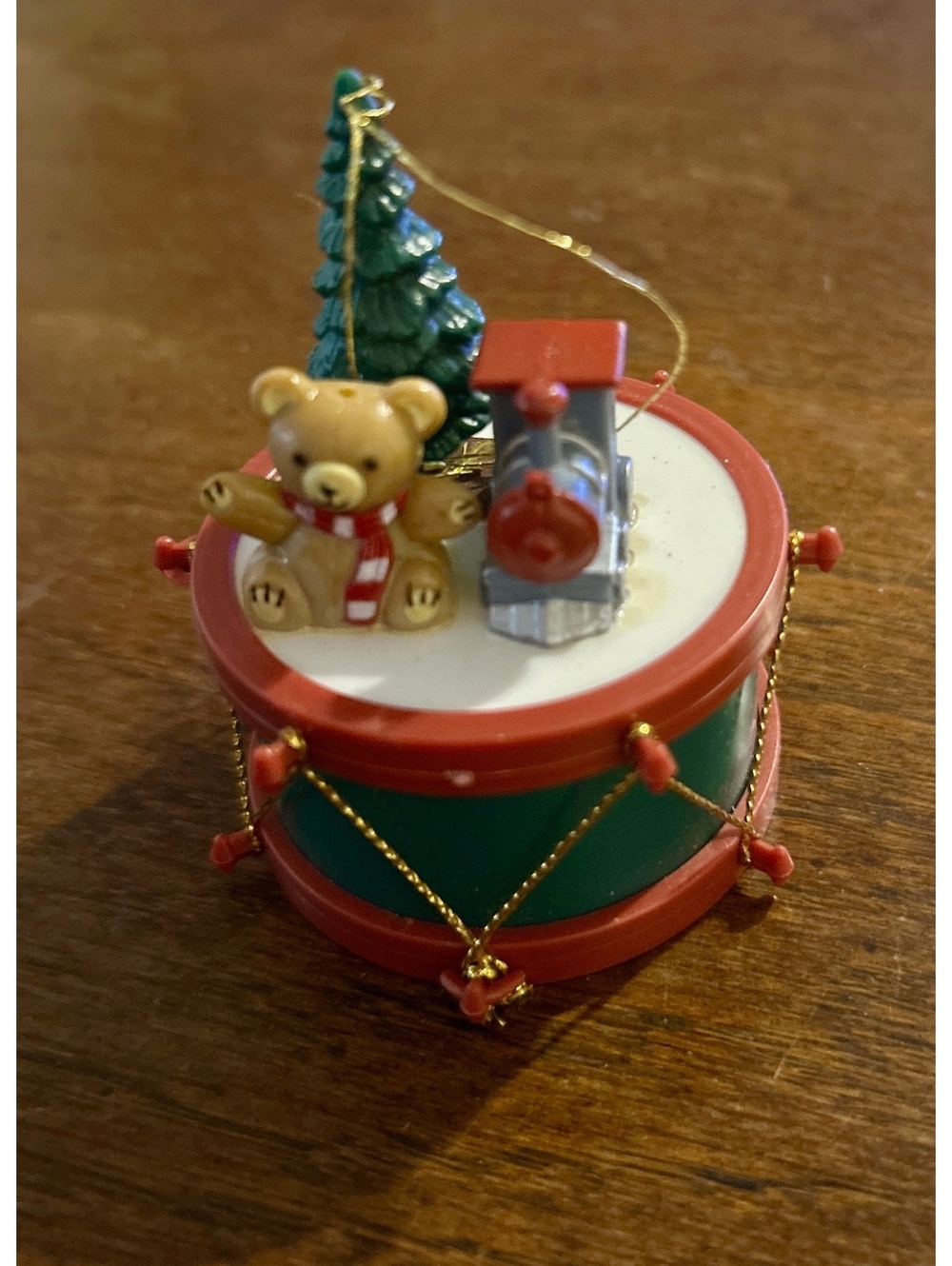 Miniature Christmas Drum Ornament with Teddy Bear, Tree, and Train